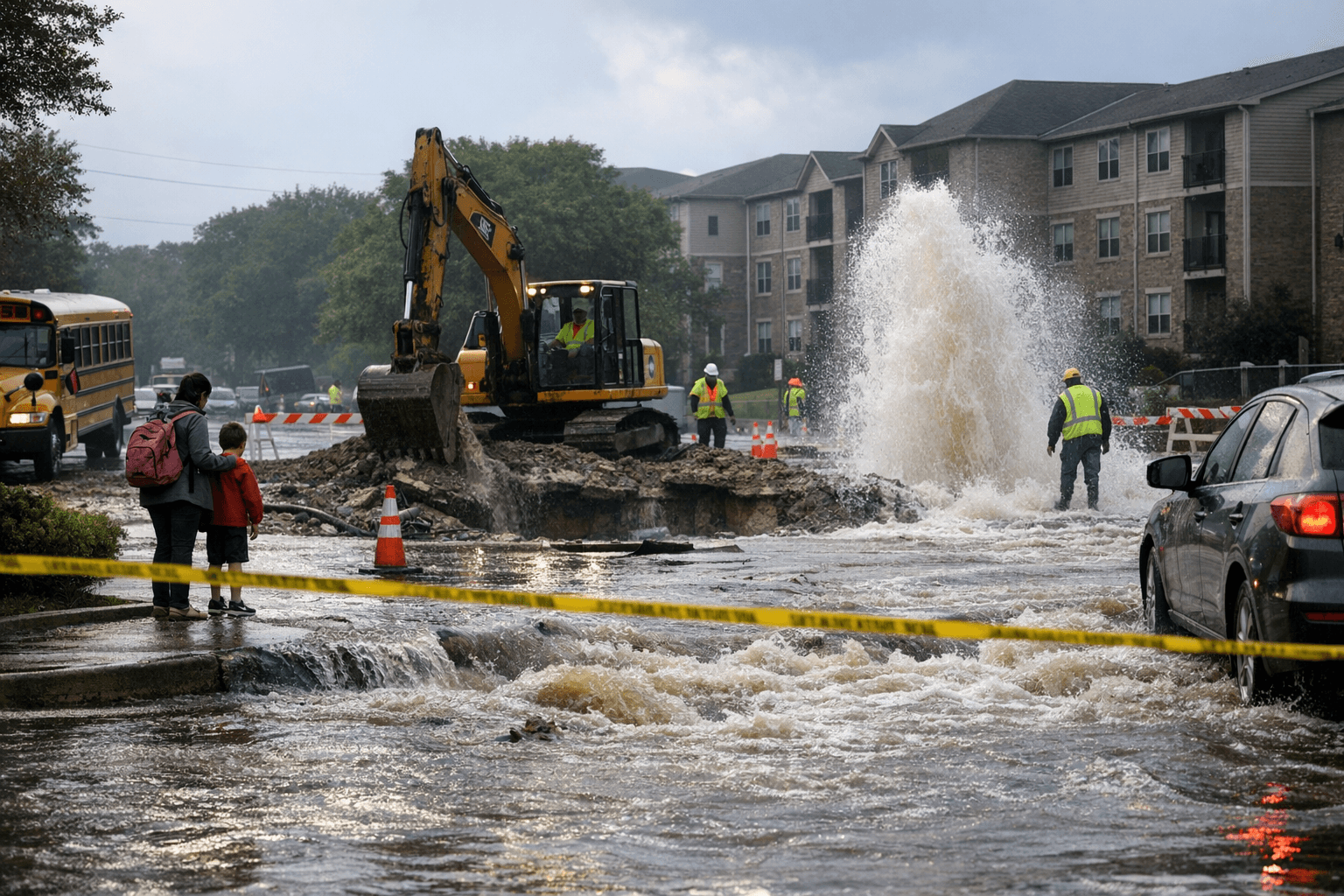 Water main leak floods Rushcreek by apartment complex, disrupting pickup zone