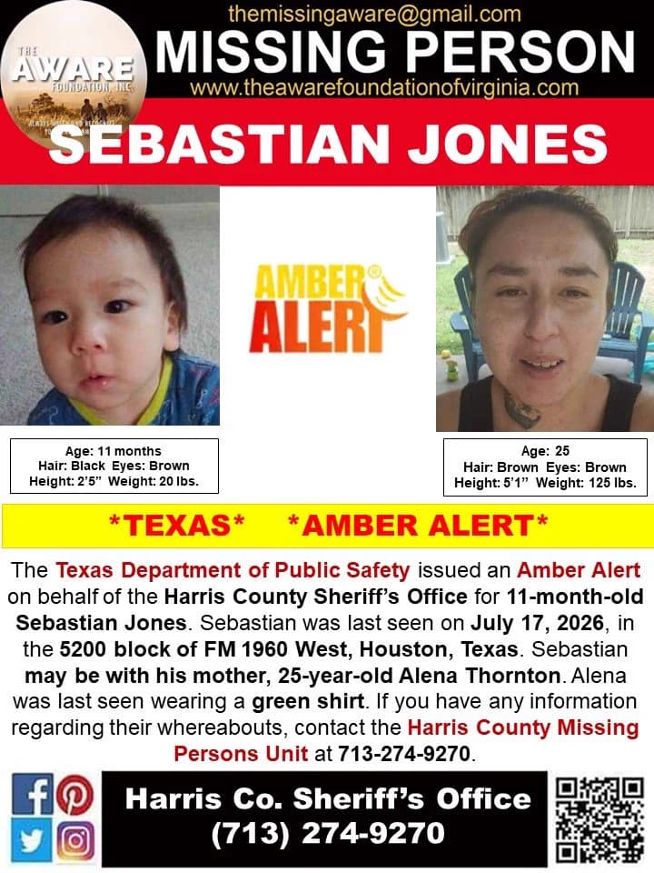 Texas DPS issues AMBER Alert for 11-month-old Sebastian Jones in Houston